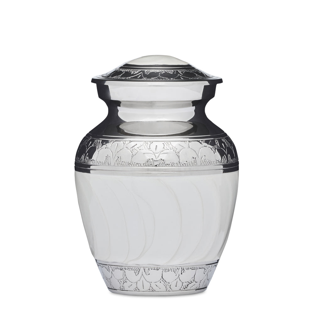 4" White Enamel Nickel Urn in solid brass with 250ml capacity, featuring intricate floral etching and a secure lid for ashes.