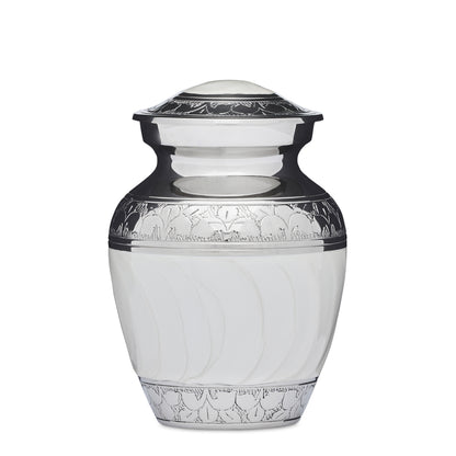 4" White Enamel Nickel Urn in solid brass with 250ml capacity, featuring intricate floral etching and a secure lid for ashes.