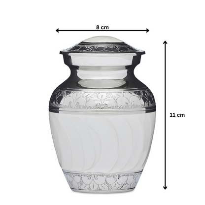4" White Enamel Nickel Urn with dimensions 11cm height and 8cm width, crafted from solid brass with elegant detailing and felted base.