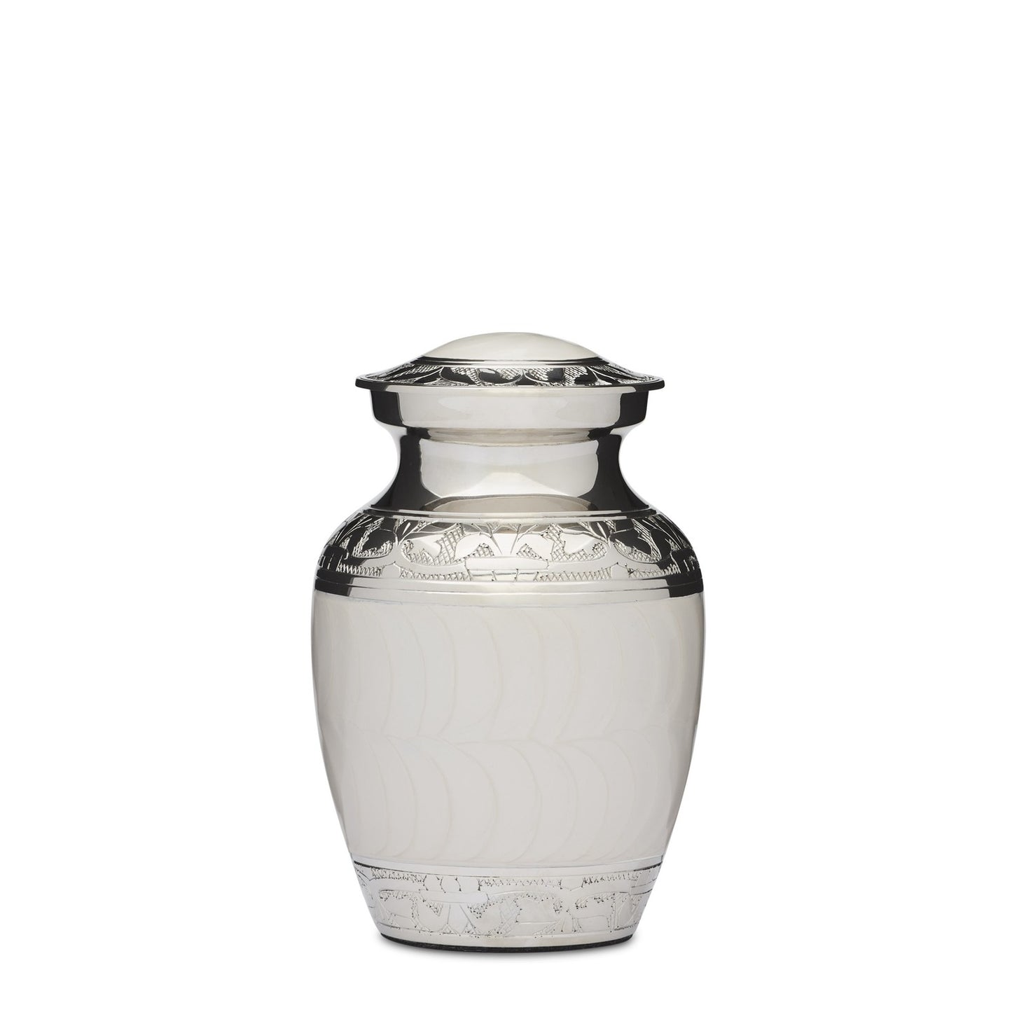 6" white enamel nickel urn in medium size, crafted from solid brass with elegant Fleur de Lis detailing and a secure threaded lid.