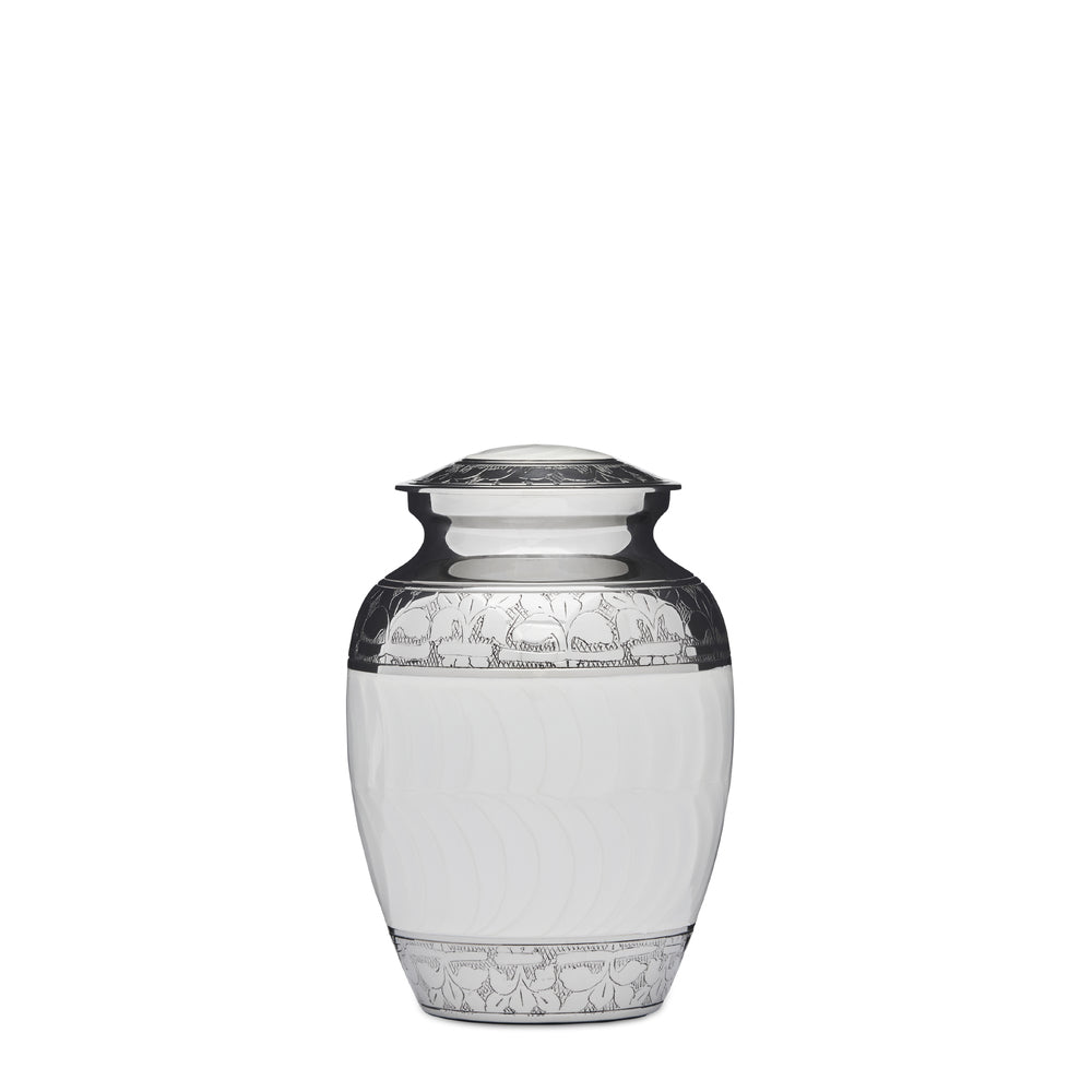 7 inch enamel urn in white and nickel finish with Fleur de Lis pattern, crafted from solid brass with a threaded lid for secure ash storage.