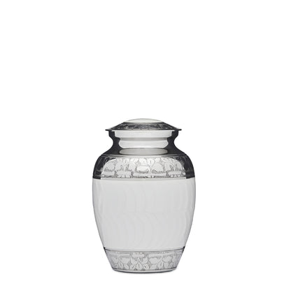 7 inch enamel urn in white and nickel finish with Fleur de Lis pattern, crafted from solid brass with a threaded lid for secure ash storage.