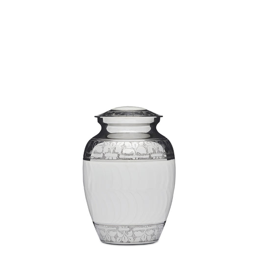7 inch enamel urn in white and nickel finish with Fleur de Lis pattern, crafted from solid brass with a threaded lid for secure ash storage.