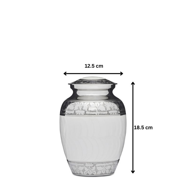 Dimensions of 7 inch white enamel urn with nickel accents shown as 18.5 cm tall and 12.5 cm wide, ideal for ashes storage.