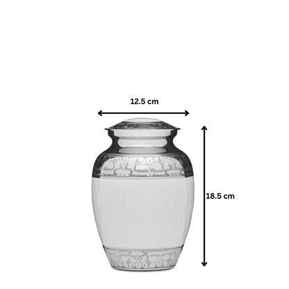 Dimensions of 7 inch white enamel urn with nickel accents shown as 18.5 cm tall and 12.5 cm wide, ideal for ashes storage.