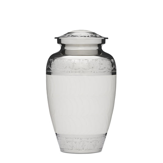 White Enamel & Nickel Cremation Urn - Solid Brass | Adult with Fleur de Lis engraving, felted base, and secure lid. Handcrafted and elegant.