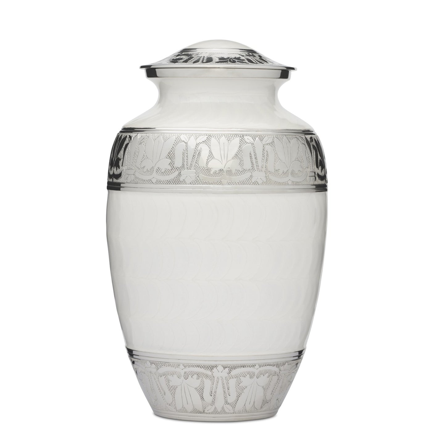 Large double adult cremation urn in solid brass with white enamel finish and silver Fleur de Lis detailing. Extra capacity design for two adults.