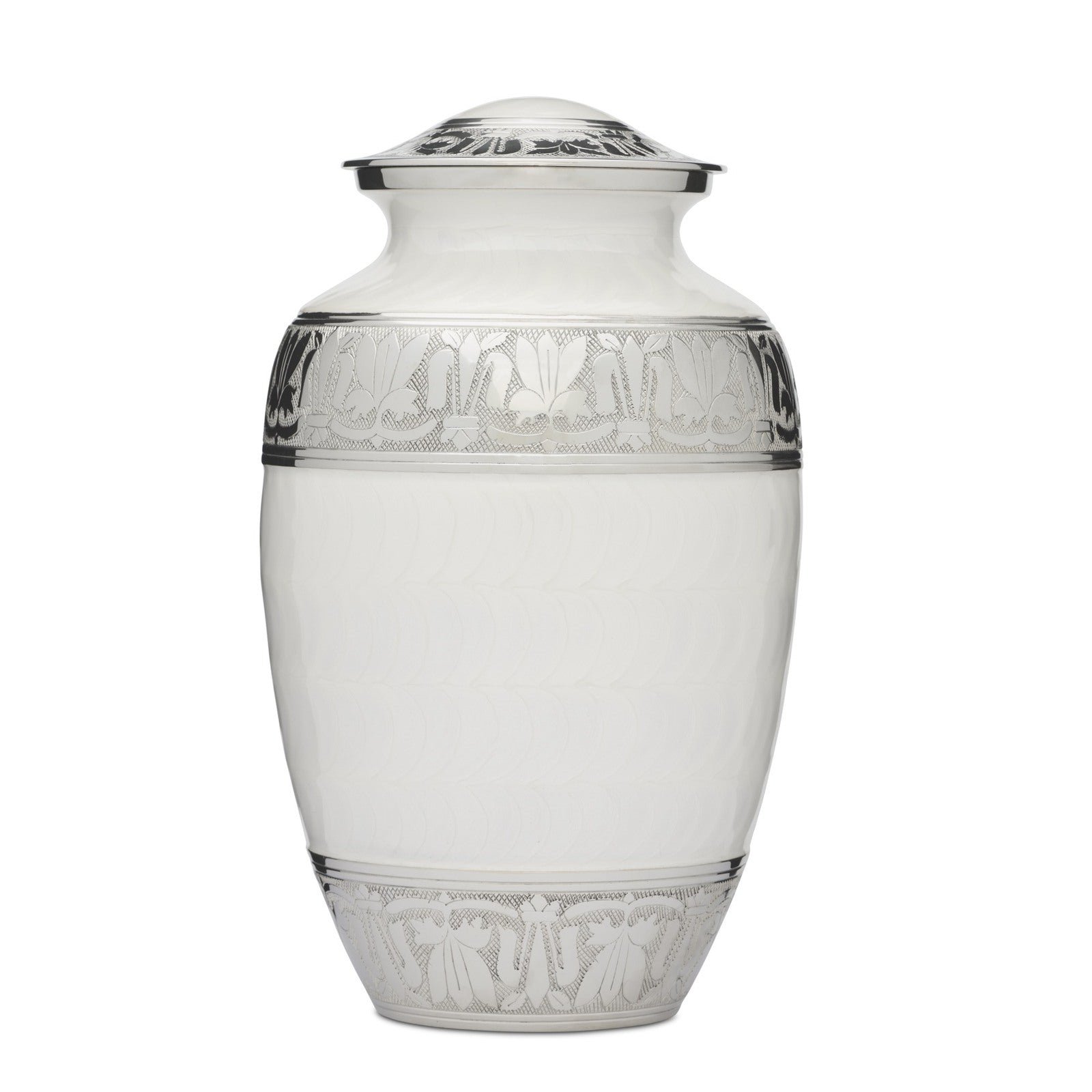 Large double adult cremation urn in solid brass with white enamel finish and silver Fleur de Lis detailing. Extra capacity design for two adults.