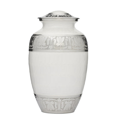 Large double adult cremation urn in solid brass with white enamel finish and silver Fleur de Lis detailing. Extra capacity design for two adults.