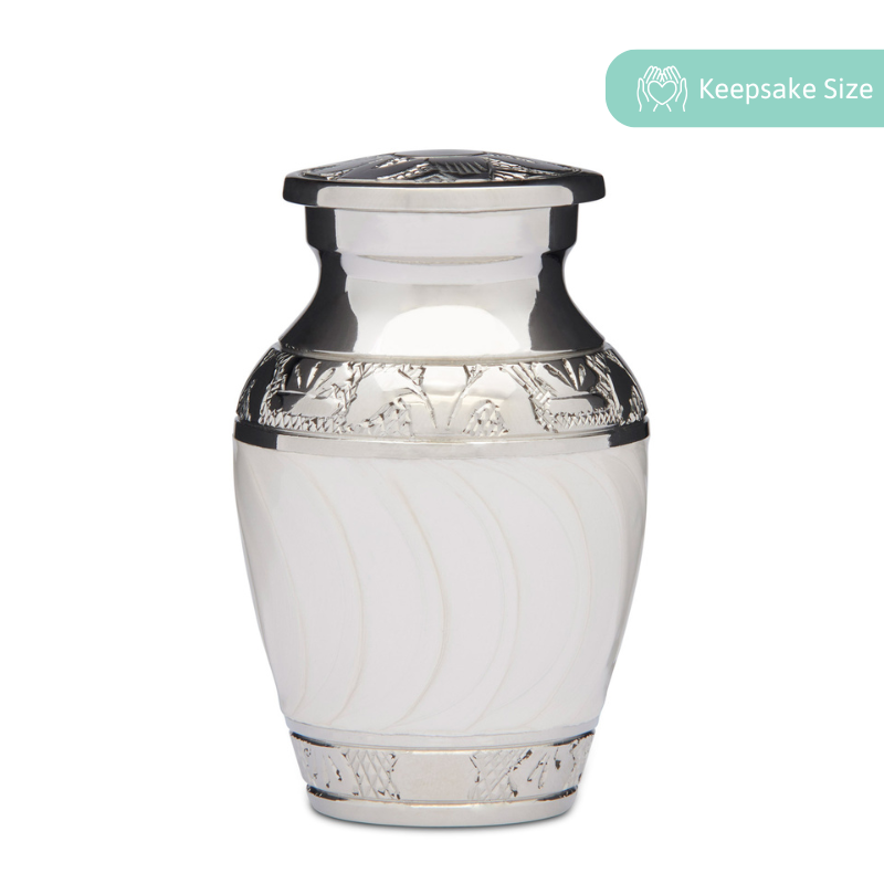 White Enamel Keepsake Jewelry - Enamel Silver urn made of solid brass with elegant silver bands, ideal for storing ashes or small mementos.