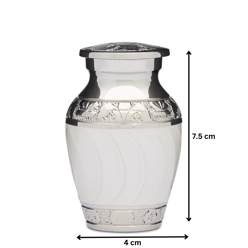 White Enamel Keepsake Jewelry - Enamel Silver urn, 7.5 cm tall and 4 cm wide, crafted from solid brass with a polished silver and enamel finish.