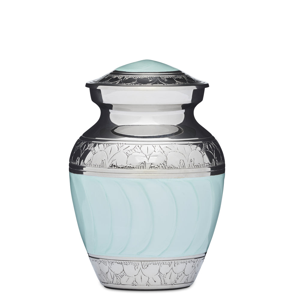 Blue Enamel & Nickel Urn 4 Inch with Fleur de Lis pattern. Solid brass construction with secure threaded lid and felted bottom for protection.