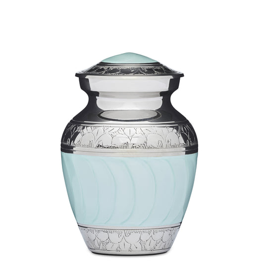 Blue Enamel & Nickel Urn 4 Inch with Fleur de Lis pattern. Solid brass construction with secure threaded lid and felted bottom for protection.