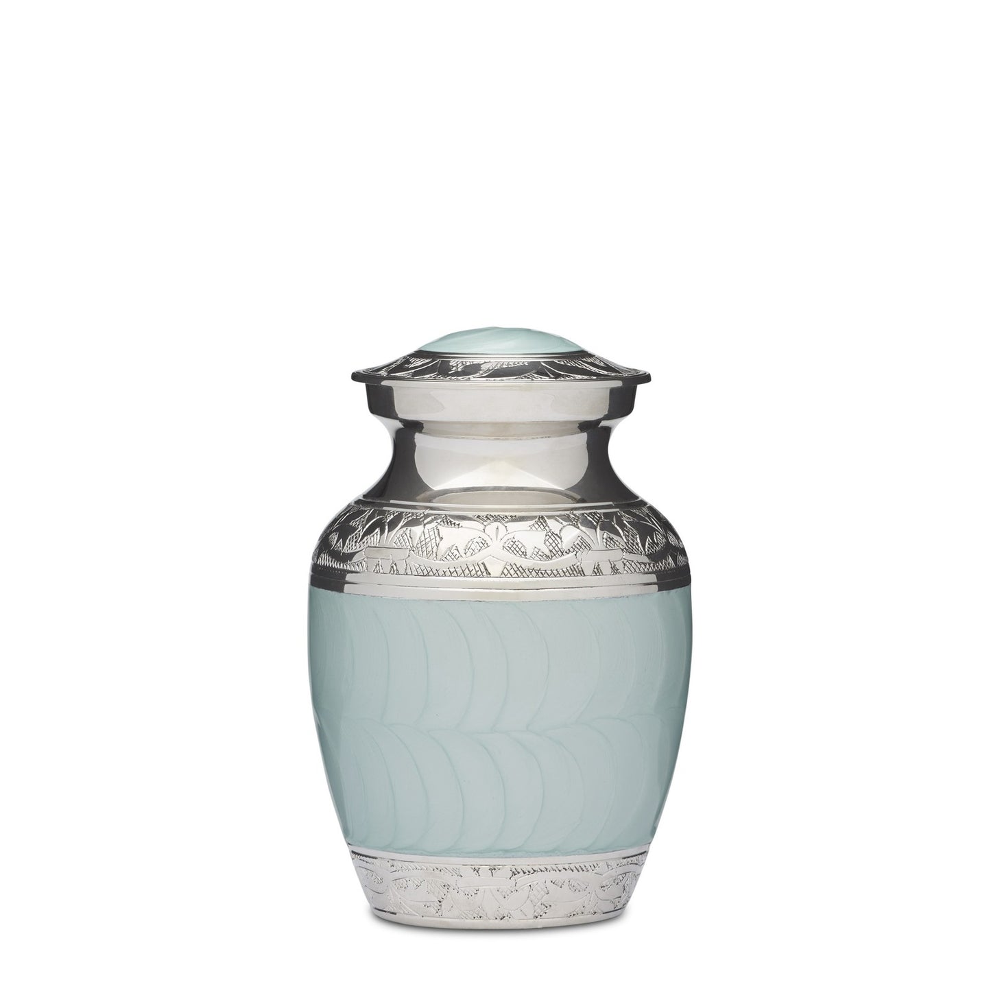 6" blue enamel nickel urn with solid brass body and intricate silver-toned detailing. Features a secure threaded lid and elegant handcrafted design.