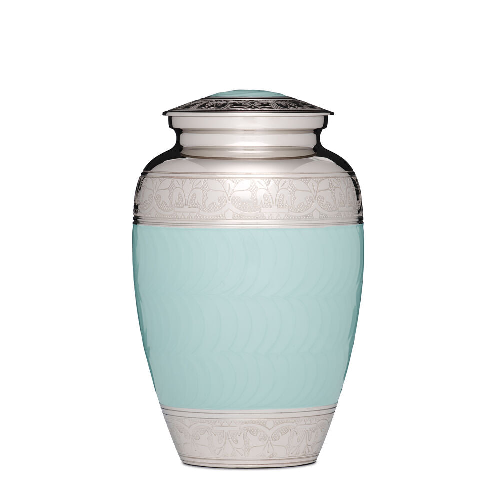 Blue and Silver Adult Urn - Brass Cremation Urn with intricate silver engravings and a soft blue enamel finish, ideal for memorial keepsakes.