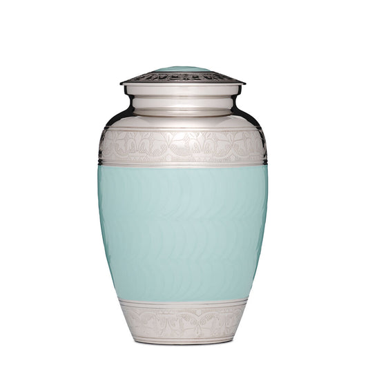 Blue and Silver Adult Urn - Brass Cremation Urn with intricate silver engravings and a soft blue enamel finish, ideal for memorial keepsakes.