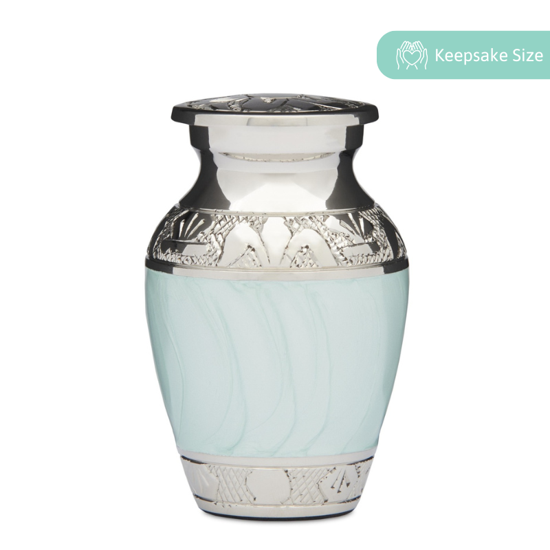 Blue Enamel Keepsake Urn - Solid Brass | Compact Memorial with silver nickel bands and soft enamel finish, ideal for ashes or mementos.