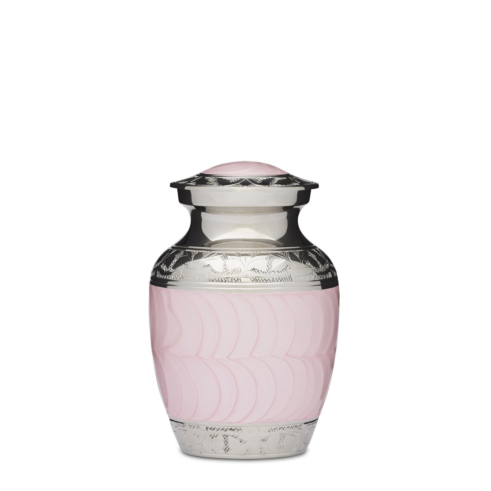 Pink Enamel & Nickel Urn - Small Pink Urn|Solid Brass, Threaded Lid. Handcrafted urn with nickel-plated accents and soft pink enamel finish.