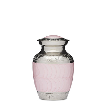 Pink Enamel & Nickel Urn - Small Pink Urn|Solid Brass, Threaded Lid. Handcrafted urn with nickel-plated accents and soft pink enamel finish.