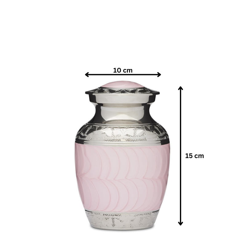 Medium 6-inch pink enamel nickel cookware, 15 cm tall and 10 cm wide. Features solid brass build and secure threaded lid.