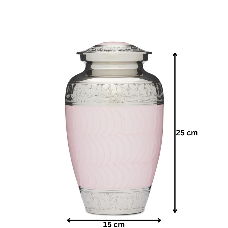 Pink and Silver Adult Urn - Pink Silver Adult Urn | 25 cm tall, 15 cm wide, solid brass with secure seal and protective felted base.