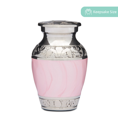 Pink Enamel Keepsake - Jewelry Gift for Memories featuring a solid brass urn with nickel plated bands and soft pink enamel finish.