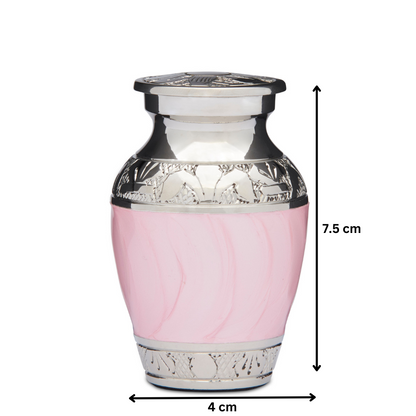 Pink Enamel Keepsake - Jewelry Gift for Memories, 7.5 cm tall and 4 cm wide, ideal for storing mementos in a compact urn design.