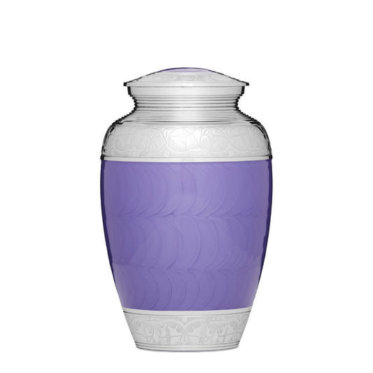 Purple Silver Adult Urn with solid brass construction and secure threaded lid. Features elegant silver engravings and a felted base for stability.