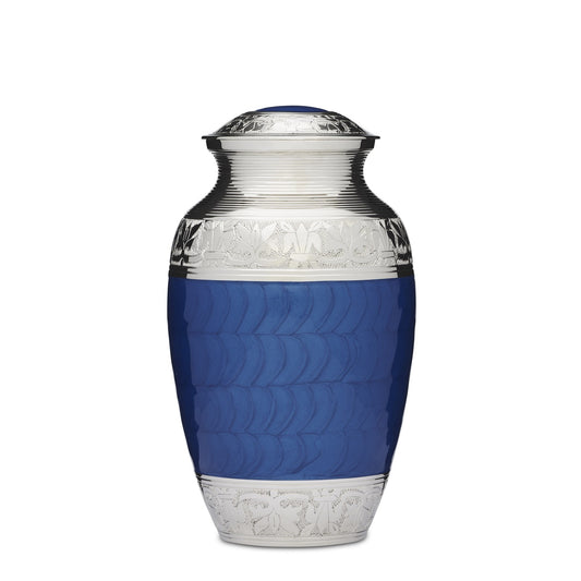 Classic Blue Cremation Urn Ashes - Adult Urn in solid brass with engraved nickel bands and threaded lid, 3.1L capacity, 25x15cm dimensions.