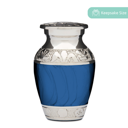 Classic Blue Keepsake Urn in solid brass with silver accents and secure threaded lid, ideal for holding small mementos or ashes.
