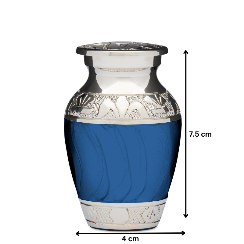 Classic Blue Keepsake Urn measuring 7.5 cm tall and 4 cm wide, crafted from solid brass with silver detailing and secure closure.