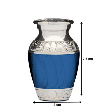 Classic Blue Keepsake Urn measuring 7.5 cm tall and 4 cm wide, crafted from solid brass with silver detailing and secure closure.
