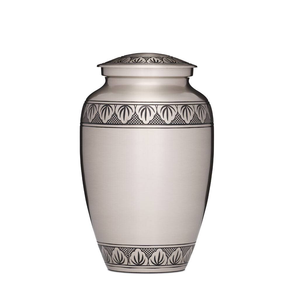 Athena Urn - Athena Brass Cremation Urn with brushed pewter finish and engraved leaf pattern. Solid brass with secure threaded lid for ashes.