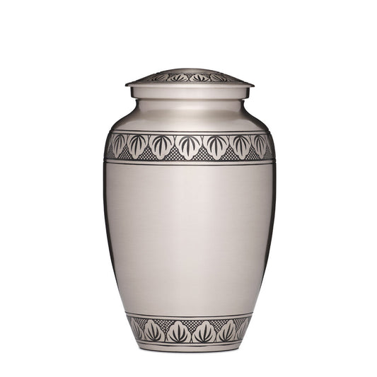 Athena Urn - Athena Brass Cremation Urn with brushed pewter finish and engraved leaf pattern. Solid brass with secure threaded lid for ashes.