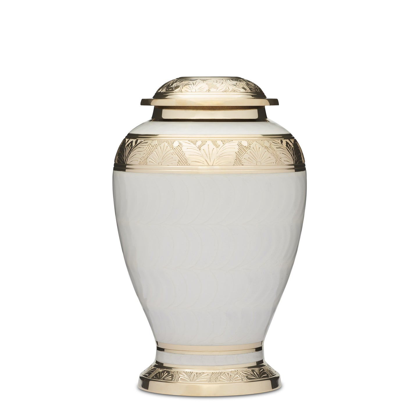 Gold and White Urn - Elegant Brass Memorial with leaf patterns, white enamel finish, and secure threaded lid. Holds up to 3.1 liters of ashes.