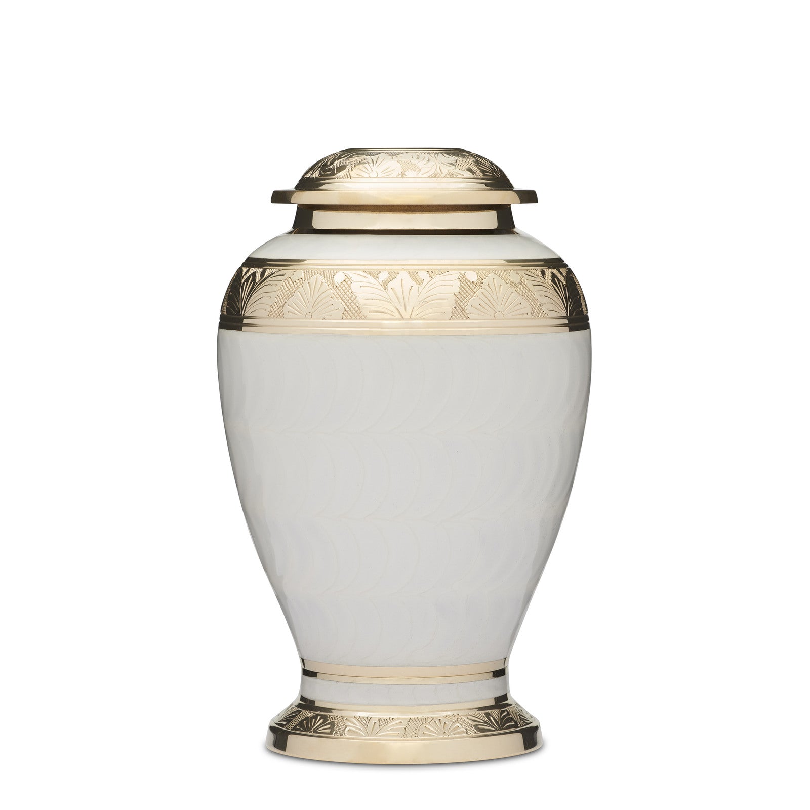 Gold and White Urn - Elegant Brass Memorial with leaf patterns, white enamel finish, and secure threaded lid. Holds up to 3.1 liters of ashes.