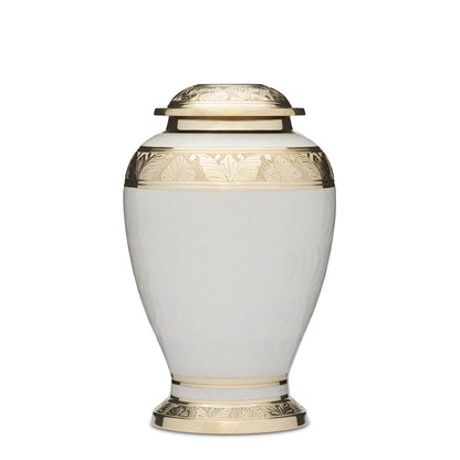 Gold and White Urn - Elegant Brass Memorial with leaf patterns, white enamel finish, and secure threaded lid. Holds up to 3.1 liters of ashes.