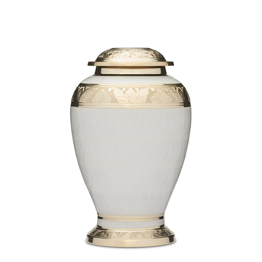 Gold and White Urn - Elegant Brass Memorial with leaf patterns, white enamel finish, and secure threaded lid. Holds up to 3.1 liters of ashes.