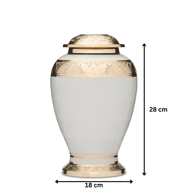 Gold and White Urn - Elegant Brass Memorial measuring 28 cm tall and 18 cm wide. Solid brass with gold accents and secure seal for ashes.