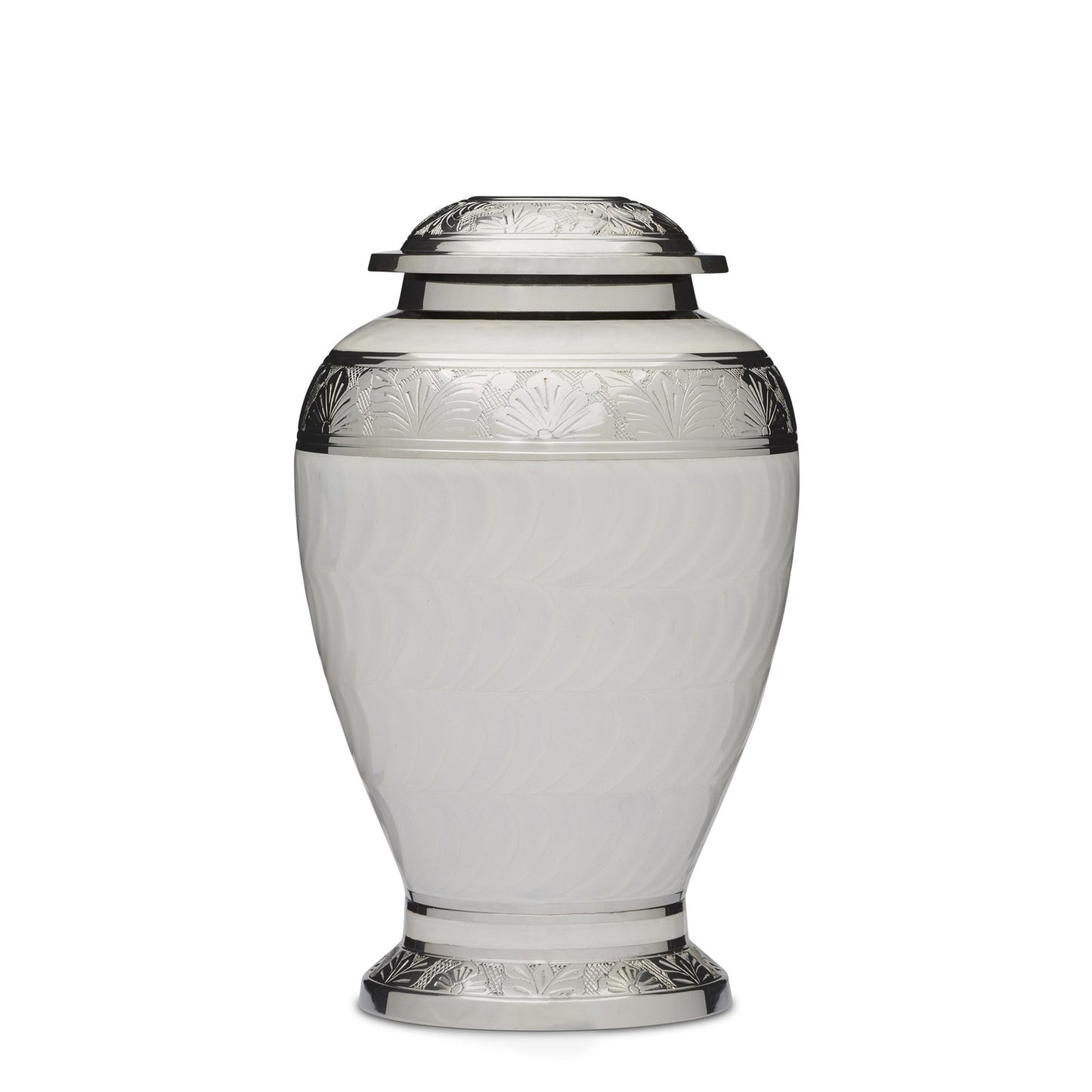 Embassy Silver and White Urn – Elegant Cremation Solution featuring a soft hammered finish, silver accents, and secure threaded lid for ashes.
