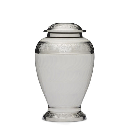 Embassy Silver and White Urn – Elegant Cremation Solution featuring a soft hammered finish, silver accents, and secure threaded lid for ashes.