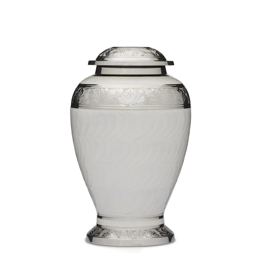 Embassy Silver and White Urn – Elegant Cremation Solution featuring a soft hammered finish, silver accents, and secure threaded lid for ashes.