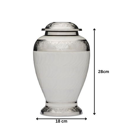 Embassy Silver and White Urn – Elegant Cremation Solution with 28cm height and 18cm width, crafted from solid brass with intricate silver detailing.