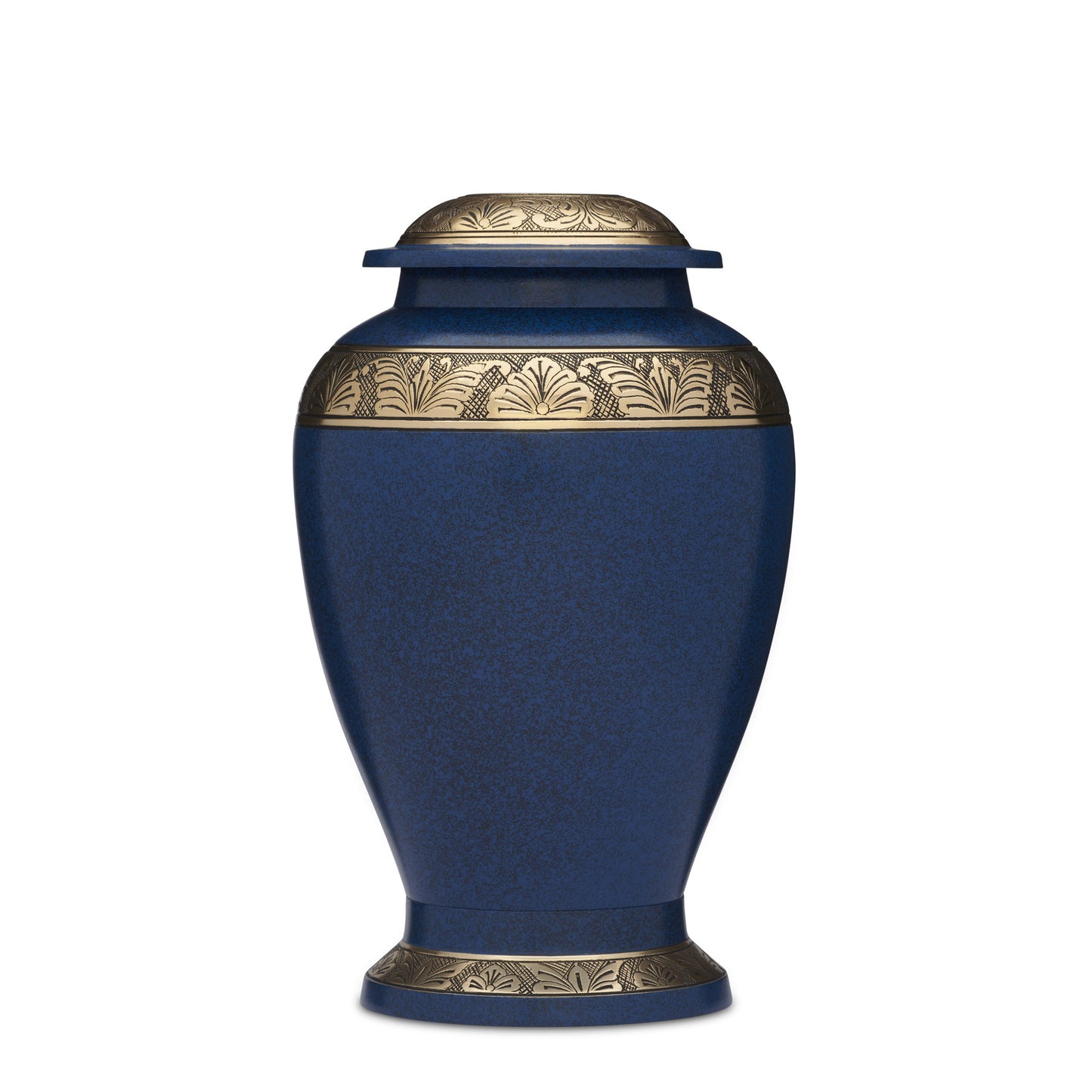 Embassy Blue Grey Urn - Blue Grey Brass Cremation Urn with gold engraved band, handcrafted from solid brass with a secure threaded lid.