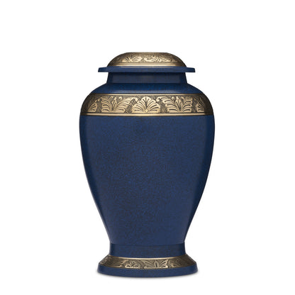 Embassy Blue Grey Urn - Blue Grey Brass Cremation Urn with gold engraved band, handcrafted from solid brass with a secure threaded lid.