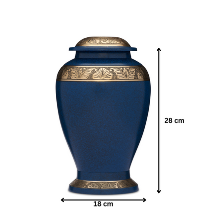 Embassy Blue Grey Brass Cremation Urn, 28 cm tall and 18 cm wide, featuring gold detailing and a felted base for furniture protection.