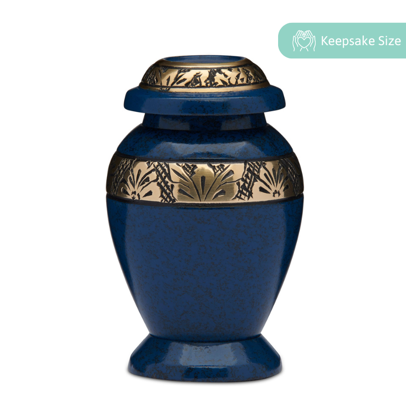 Blue Grey Urn Keepsake - Solid Brass Memorial with gold-plated floral bands, compact design for ashes or mementos, fits in the palm.