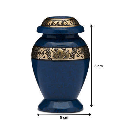 Solid brass Blue Grey Urn Keepsake, 8 cm tall and 5 cm wide, features elegant gold detailing, ideal for cremation ashes or tokens.