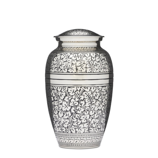 Silver Acorn Leaf Urn for Adult Ashes in solid brass with intricate leaf engraving, featuring a secure threaded lid and felted base.