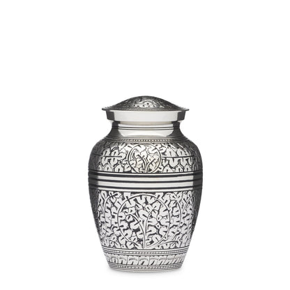 Silver Acorn Leaf Pendant Urn - Medium in solid brass with intricate silver nickel leaf design. Features a secure threaded lid and 650ml capacity.